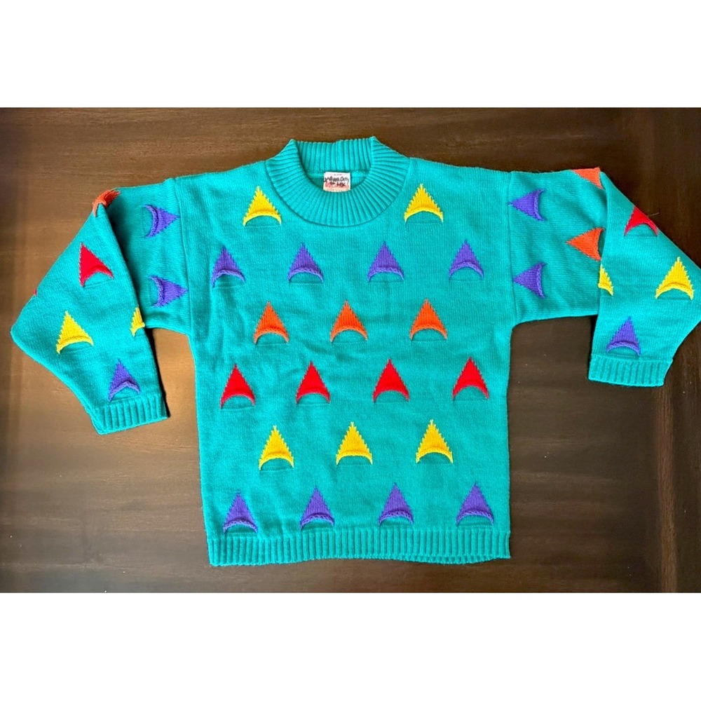 Vintage Carters Kids Sweater Size 8 Teal Geometric Knit 80s 90s Triangles EUC